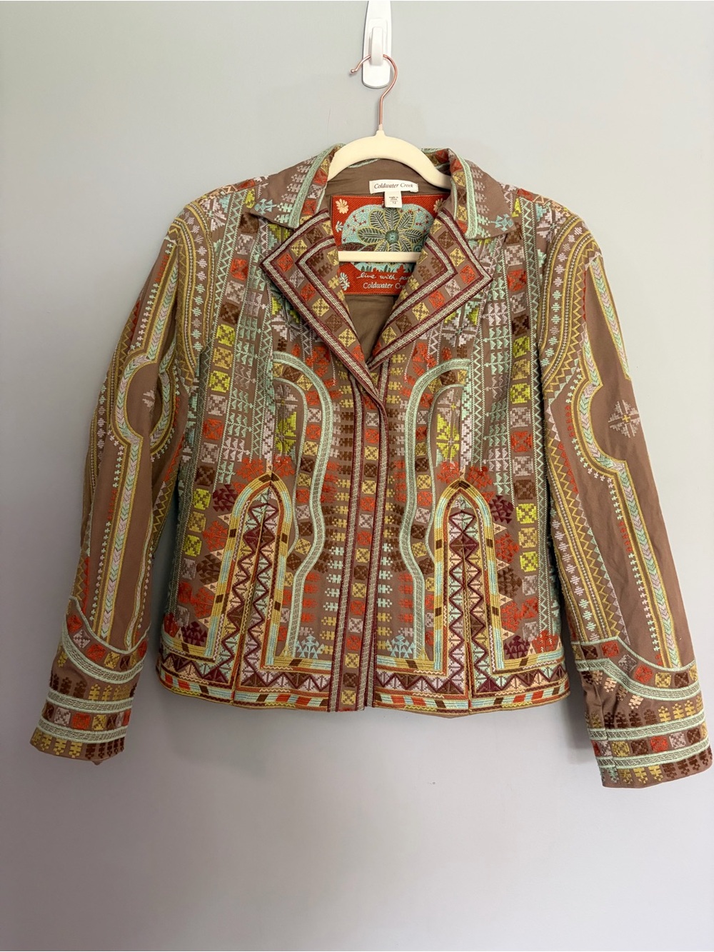 Coldwater Creek Embroidered Blazer Jacket Size 12 Brown Aztec Southwestern Boho